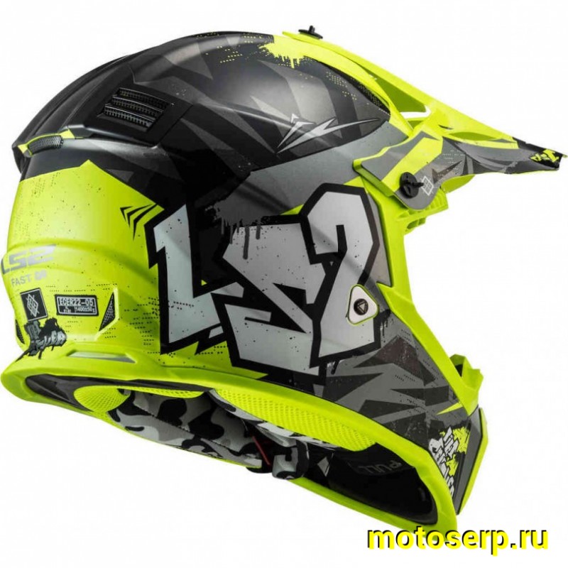 Купить  Шлем Кросс LS2 MX437 FAST EVO MINI CRUSHER Black Hi-Vis Yellow (S) (шт) (LS2 купить с доставкой по Москве и России, цена, технические характеристики, комплектация фото  - motoserp.ru