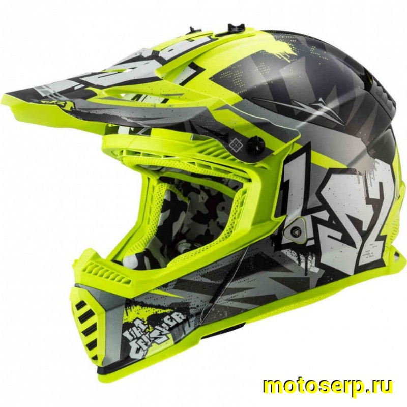 Купить  Шлем Кросс LS2 MX437 FAST EVO MINI CRUSHER Black Hi-Vis Yellow (L) (шт) (LS2 купить с доставкой по Москве и России, цена, технические характеристики, комплектация фото  - motoserp.ru